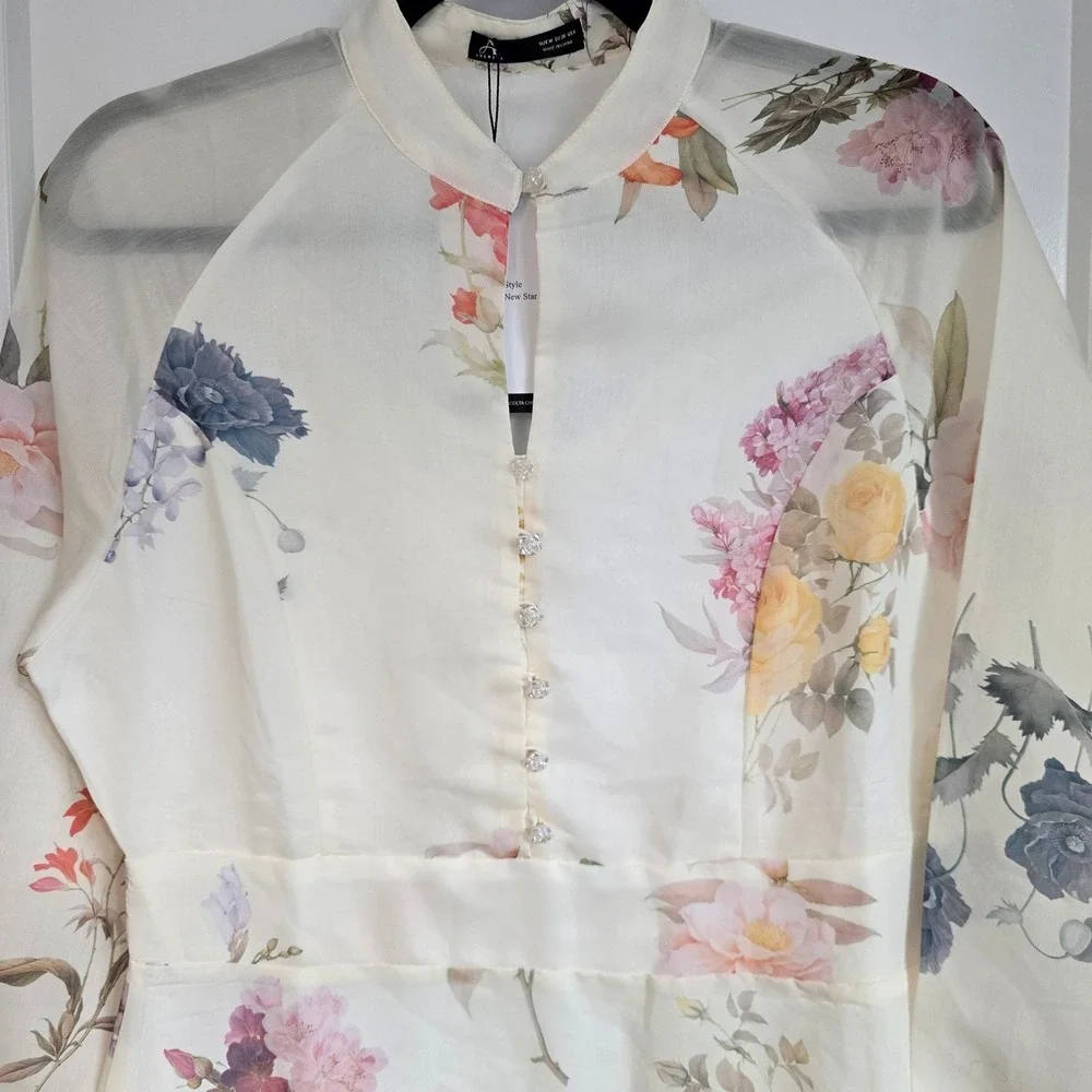 🆕️ *NWT* Anewsta‎ Floral Maxi Dress Ivory Sheer Long Sleeve Party Cocktail M - Picture 4 of 16
